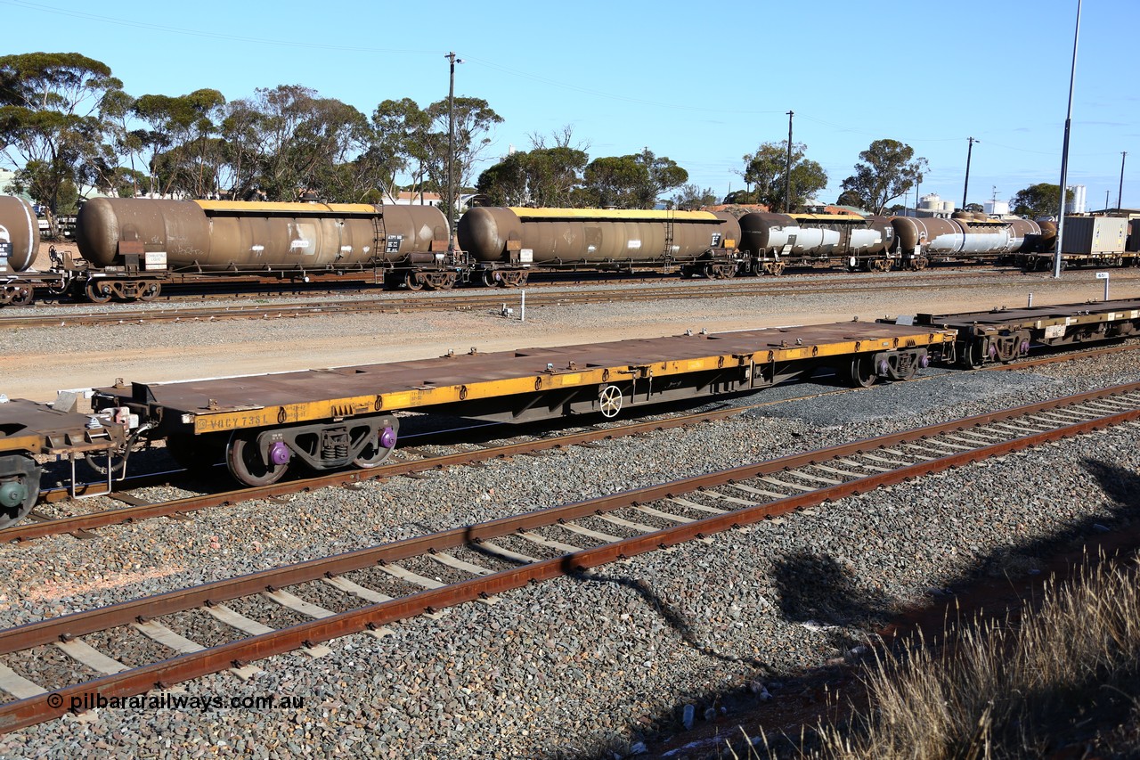 160531 9950
West Kalgoorlie, 3PM4 steel train, empty container waggon VQCY 738.
Keywords: VQCY-type;VQCY738;