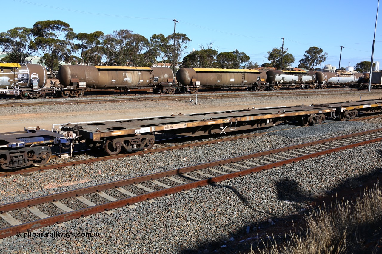 160531 9954
West Kalgoorlie, 3PM4 steel train, empty container waggon RQTY 538 originally built by Victorian Railways Newport Workshops between 1969-72 as part of a batch of two hundred FQX type container waggons, recoded to FQF type in Nov 1977, to VQCY in Sept 1979, Oct 1994 to National Rail as RQCX. 
Keywords: RQTY-type;RQTY538;Victorian-Railways-Newport-WS;FQX-type;FQF-type;VQCY-type;RQCY-type;