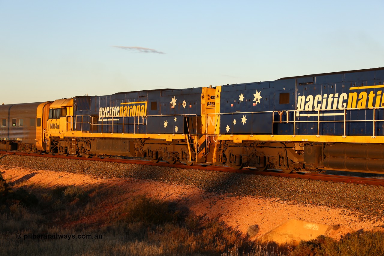 160601 10090
West Kalgoorlie, 2MP5 intermodal service climbs up the grade from Kalgoorlie, Goninan built GE model Cv40-9i NR class unit NR 19 serial 7250-03/97-221, as the sun goes down.
Keywords: NR-class;NR64;Goninan;GE;Cv40-9i;7250-11/96-266;