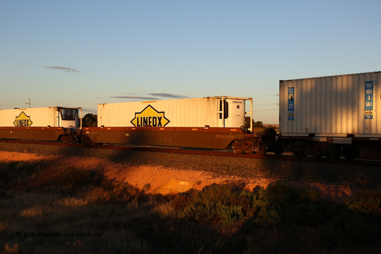 160601 10101
West Kalgoorlie, 2MP5 intermodal train, platform 5 of 5-pack RRRY 7011 well waggon set, one of nineteen built in China at Zhuzhou Rolling Stock Works for Goninan in 2005, Linfox 46' reefer FTAD 910601, from the Thermo King side.
Keywords: RRRY-type;RRRY7011;CSR-Zhuzhou-Rolling-Stock-Works-China;