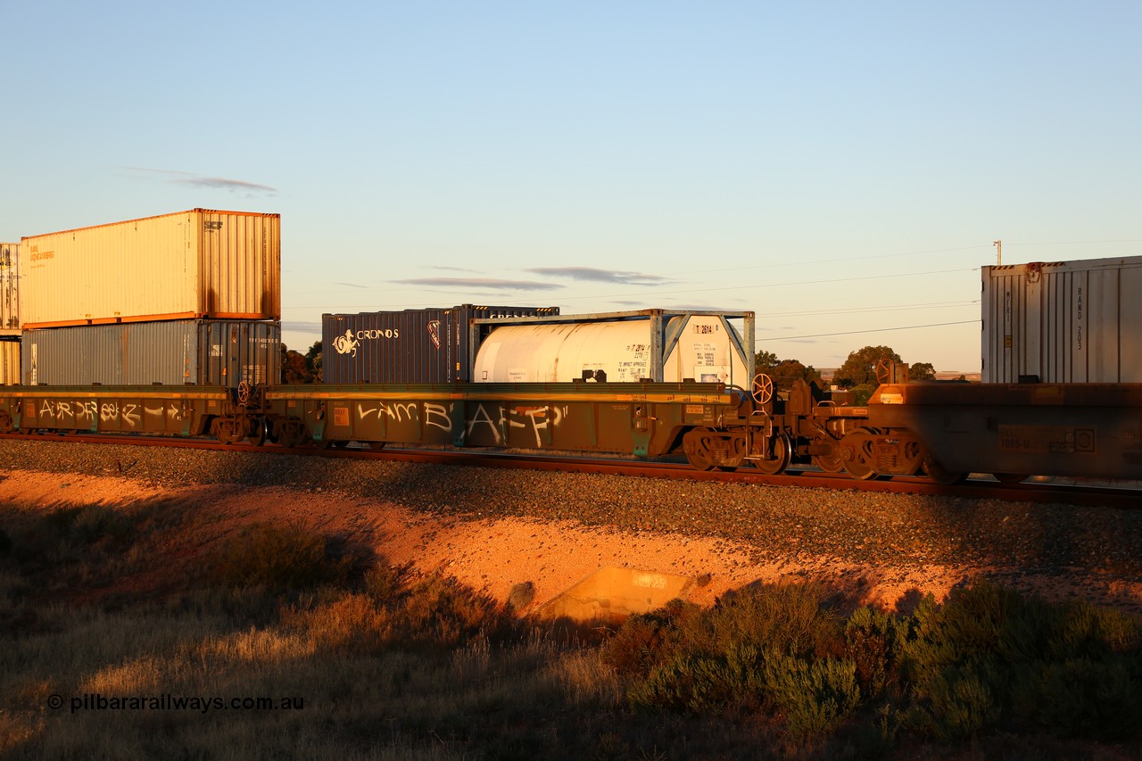 160601 10116
West Kalgoorlie, 2MP5 intermodal train, RRXY 9 platform 1 of 5-pack well waggon set, one of eleven built by Bradken Qld in 2002 for Toll from a Worley-Williams design with a 20' Transamerica Leasing tanktainer T 2614 and 20' Cronos bulker TSPD 122162.
Keywords: RRXY-type;RRXY9;Worley-Williams;Bradken-Rail-Qld;