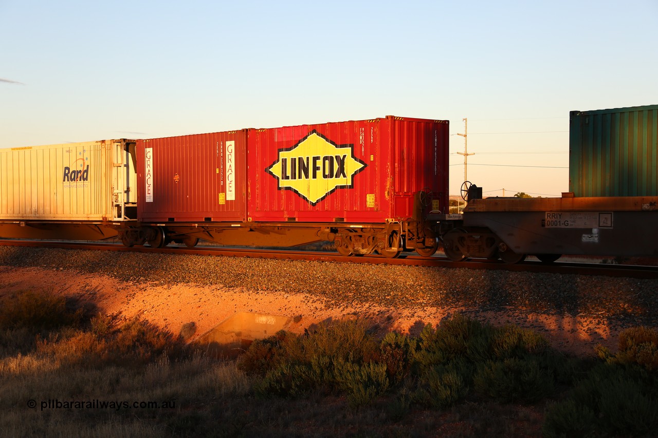 160601 10132
West Kalgoorlie, 2MP5 intermodal train, RRGY 7133 40' platform 1 of 5-pack articulated skel waggon, one of fifty built by AN Rail Islington Workshops in 1996-97 as type RRBY, later rebuilt with 48' intermediate decks and coded RRGY, two 20' boxes, Linfox FSWB 963520 and Grace GRRU 230352.
Keywords: RRGY-type;RRGY7133;AN-Islington-WS;RRBY-type;