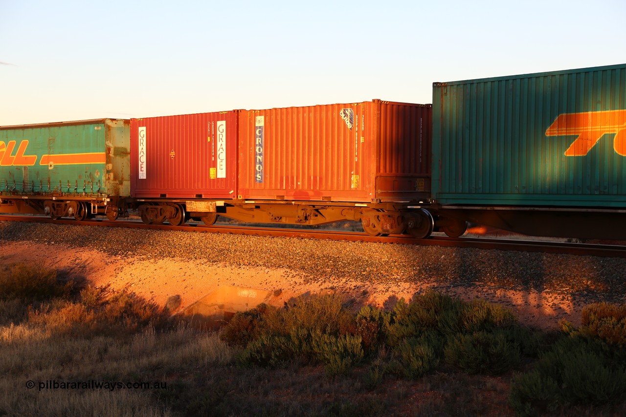 160601 10136
West Kalgoorlie, 2MP5 intermodal train, RRGY 7133 40' platform 1 of 5-pack articulated skel waggon, one of fifty built by AN Rail Islington Workshops in 1996-97 as type RRBY, later rebuilt with 48' intermediate decks and coded RRGY, two 20' boxes, Cronos BSPD 084074 and Grace GRRU 230884.
Keywords: RRGY-type;RRGY7133;AN-Islington-WS;RRBY-type;