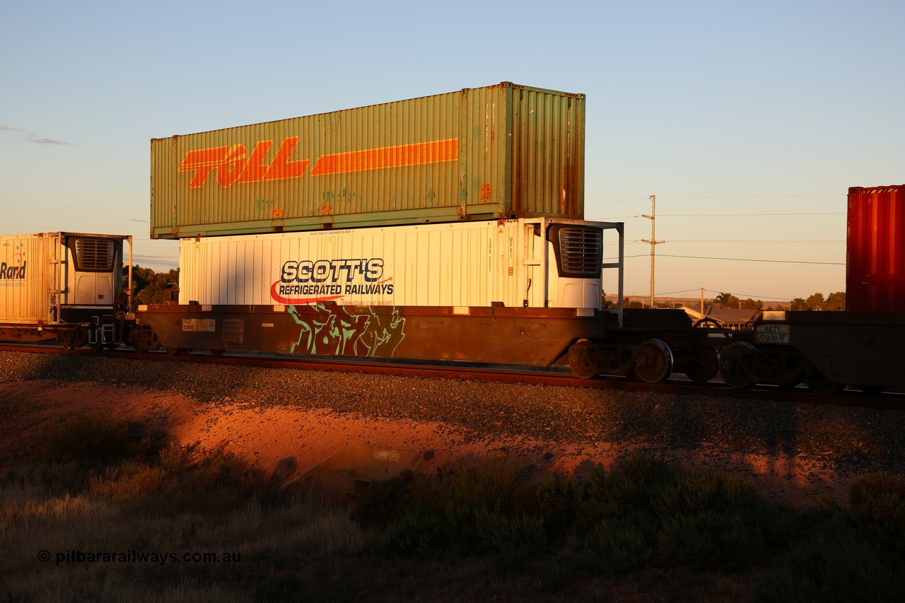 160601 10149
West Kalgoorlie, 2MP5 intermodal train, RRZY 7008 platform 5 of 5-pack well waggon set, the prototype of the RQZY type, first of twenty six sets built by Goninan in 1995-96 for National Rail, later rebuilt and recoded RRZY. Scott's Refrigerated Railways 46' reefer SRR 002 with a 48' Toll box TCML 48519 on top.
Keywords: RRZY-type;RRZY7008;Goninan-NSW;RQZY-type;