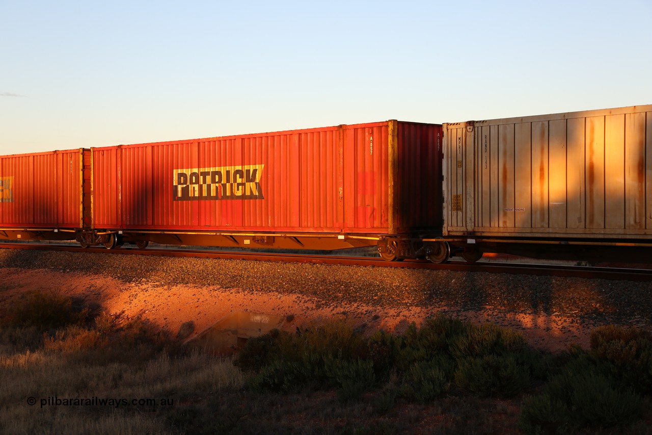 160601 10152
West Kalgoorlie, 2MP5 intermodal train, RRYY 22 platform 3 of 5-pack articulated low profile skel waggon set, one of fifty two such sets built by Bradken Rail Braemar from a Williams-Worley design, based on the TNT TRAY type for moving automotive carrying containers, Patrick 53' automotive container A 057.
Keywords: RRYY-type;RRYY22;Williams-Worley;Bradken-NSW;