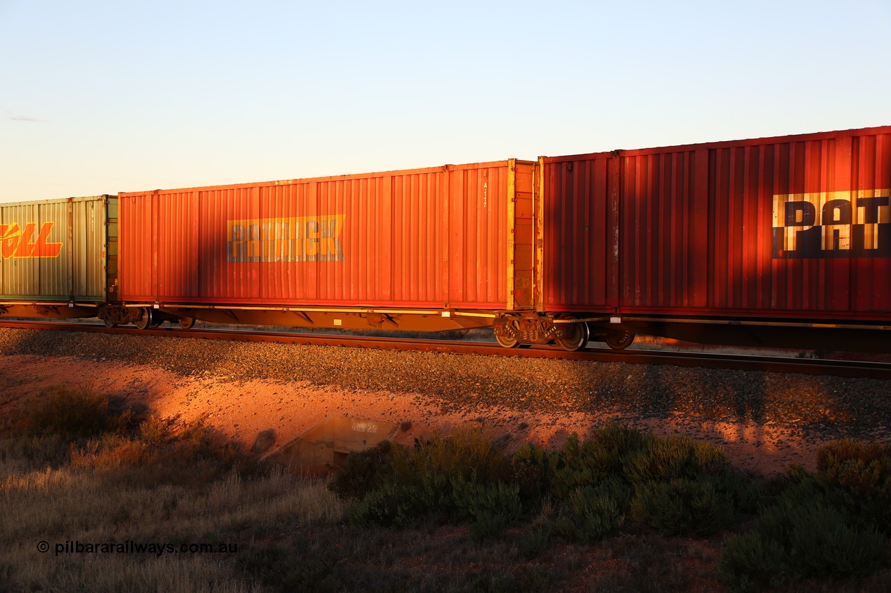 160601 10153
West Kalgoorlie, 2MP5 intermodal train, RRYY 22 platform 2 of 5-pack articulated low profile skel waggon set, one of fifty two such sets built by Bradken Rail Braemar from a Williams-Worley design, based on the TNT TRAY type for moving automotive carrying containers, Patrick 53' automotive container A 117.
Keywords: RRYY-type;RRYY22;Williams-Worley;Bradken-NSW;