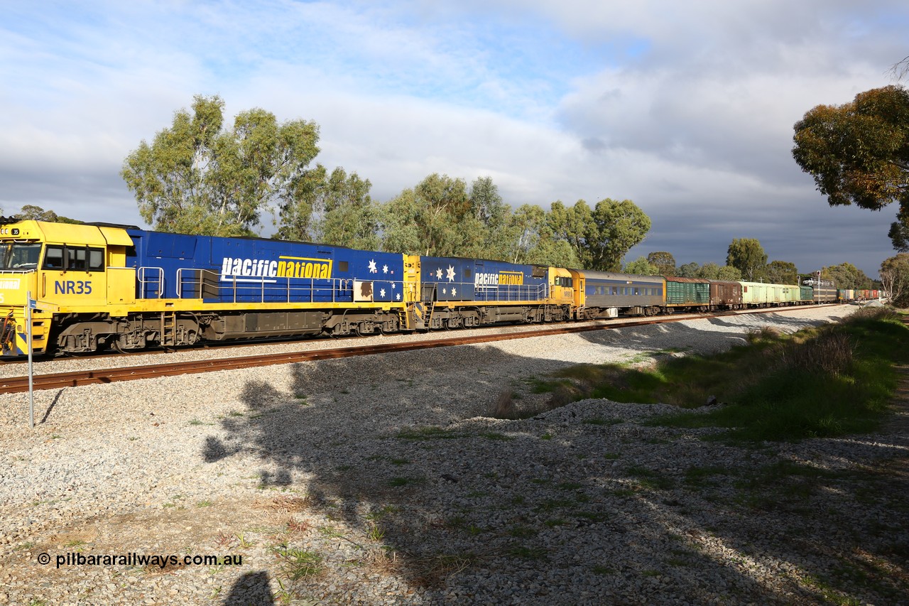 160609 0390
Woodbridge, MISS FIRE!! 5PM5 intermodal train arrives at the triangle and splits signal post 82 and 84 with power from Goninan built GE model Cv40-9i NR class unit NR 35 serial 7250-06/97-237 and a sister unit with 39 waggons for a length of 1791 metres and 3960 tonnes. Behind the crew coach are the Sadleirs louvre vans and an RMEY triple deck articulated car carrying waggon.
Keywords: NR-class;NR35;Goninan;GE;Cv40-9i;7250-06/97-237;