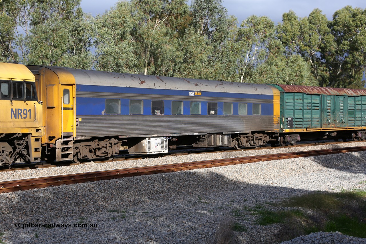 160609 0392
Woodbridge, 5PM5 intermodal train with crew accommodation coach RZEY 4, built by South Australian Railways Islington Workshops as Purpawi in 1955 for use on The Overland, coded JRA 4, to West Coast Railway, converted to RZEY by Bluebird Rail Operations 2007.
Keywords: RZEY-class;RZEY4;SAR-Islington-WS;Purpawi;JRA-class;JRA4;