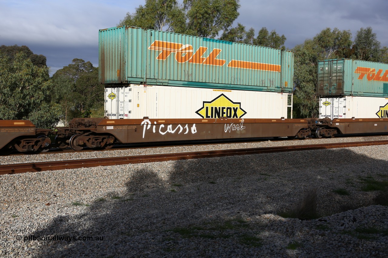 160609 0452
Woodbridge, 5PM5 intermodal train, platform 3 of 5-pack RRRY 7011 well waggon set, one of nineteen built in China at Zhuzhou Rolling Stock Works for Goninan in 2005, 46' Linfox reefer FCAD 910613 and Toll 48' box TDDS 48663 on top.
Keywords: RRRY-type;RRRY7011;CSR-Zhuzhou-Rolling-Stock-Works-China;