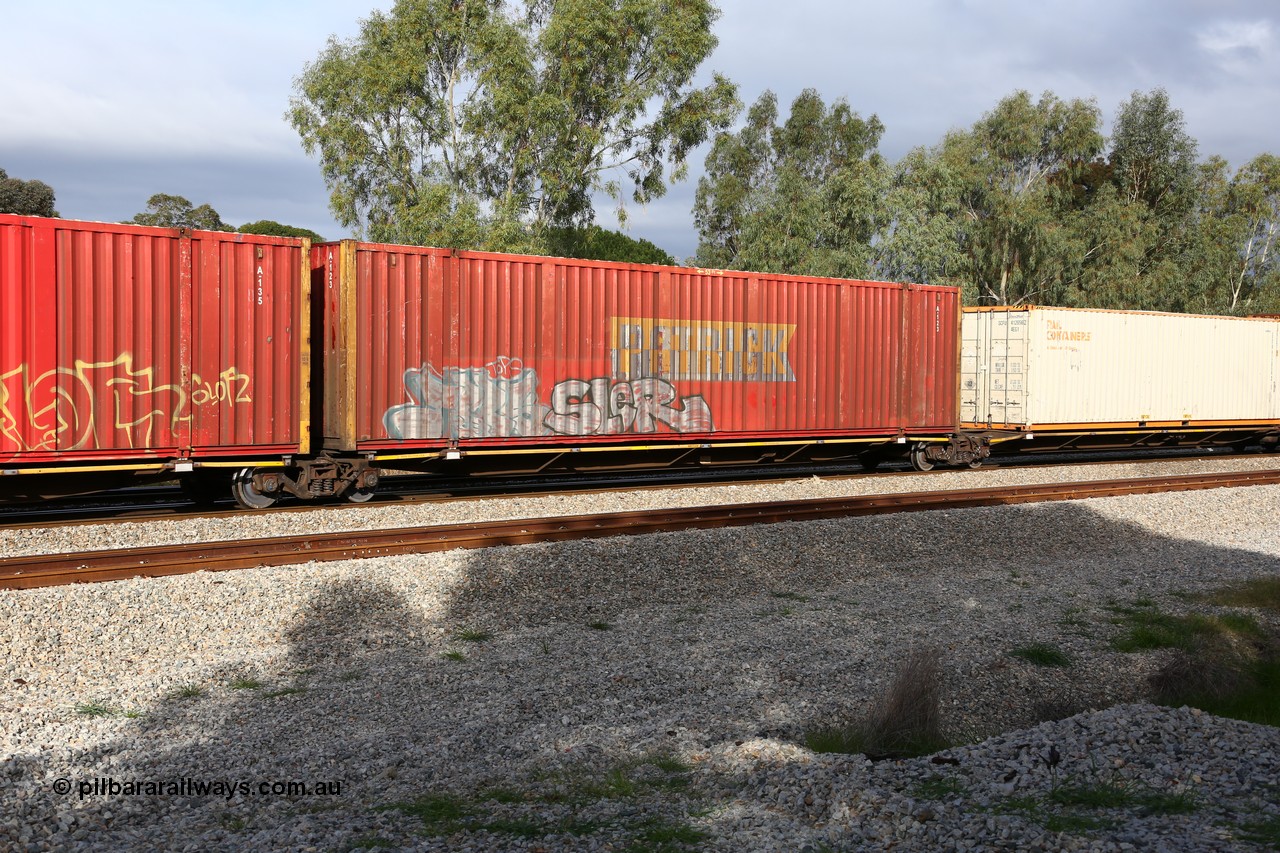 160609 0459
Woodbridge, 5PM5 intermodal train, RRYY 22, platform 2 of 5-pack articulated low profile skel waggon set, one of fifty two such sets built by Bradken Rail Braemar NSW from a Williams-Worley design, based on the TNT TRAY type for moving automotive carrying containers, with a Patrick 53' automotive container A 123.
Keywords: RRYY-type;RRYY22;Williams-Worley;Bradken-NSW;