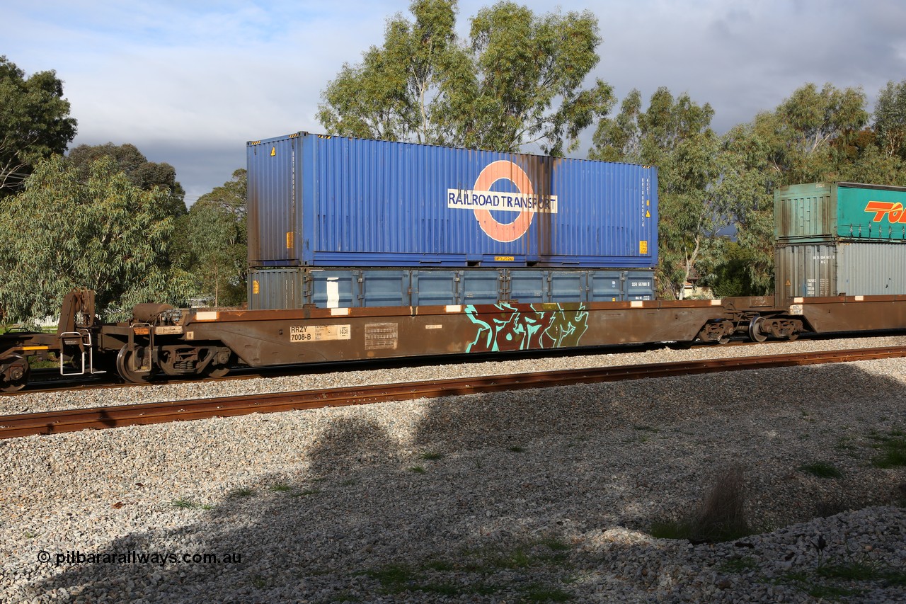 160609 0464
Woodbridge, 5PM5 intermodal train, RRZY 7008 platform 5 of 5-pack well waggon set, the prototype of the RQZY type, first of twenty six sets built by Goninan in 1995-96 for National Rail, later rebuilt and recoded RRZY
Keywords: RRZY-type;RRZY7008;Goninan-NSW;RQZY-type;