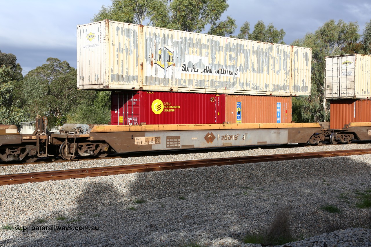 160609 0470
Woodbridge, 5PM5 intermodal train, RRZY 7049 platform 5 of 5-pack well waggon set, one of thirty two sets built by Goninan NSW in 1995-96 for National Rail as RQZY type, recoded to RRZY when repaired loaded with two 20' 2EG1 type boxes, CARU Specialized Leasing SLZU 720115 and Royal Wolf RWTU 971203 with a Linfox 53' box on top DRC 440.
Keywords: RRZY-type;RRZY7049;Goninan-NSW;RQZY-type;