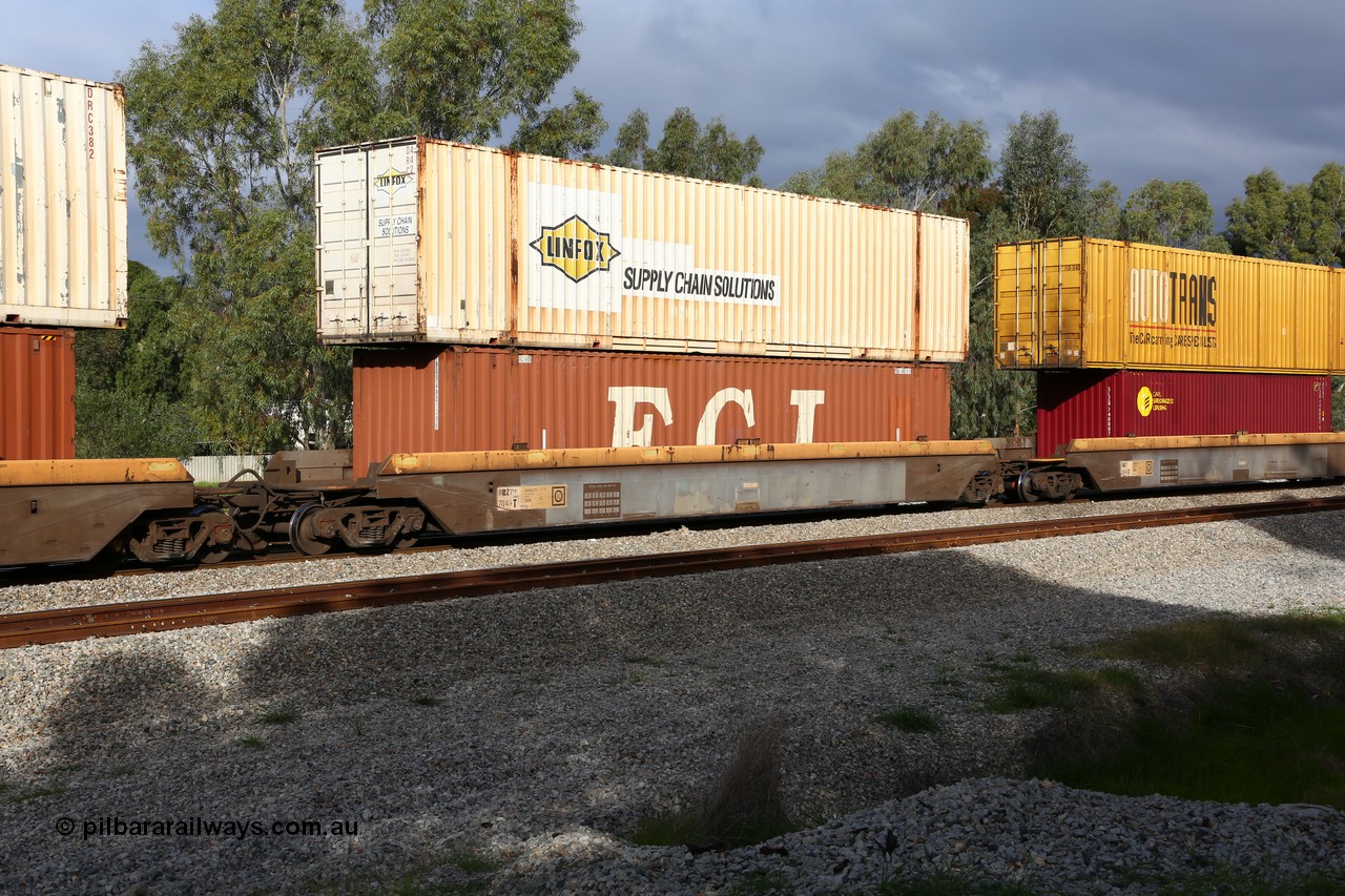 160609 0472
Woodbridge, 5PM5 intermodal train, RRZY 7049 platform 3 of 5-pack well waggon set, one of thirty two sets built by Goninan NSW in 1995-96 for National Rail as RQZY type, recoded to RRZY when repaired with an FCL 48' box FBGU 480139 and Linfox 53' box DRC 442 on top.
Keywords: RRZY-type;RRZY7049;Goninan-NSW;RQZY-type;