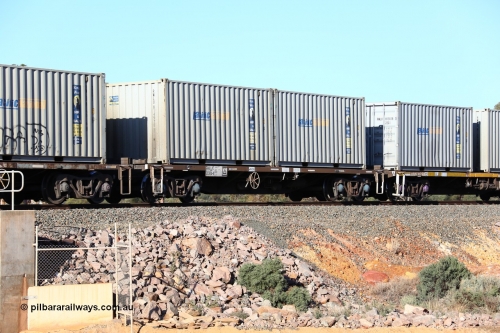 160522 2059
Binduli, 5MP2 steel train, RKLY 20304 container waggon, originally built by EPT NSW in 1979-81 as an BDY / NODY open waggon before being heavily modified by ANI Engineering in 1998, loaded with a pair of 20' 22G1 type Royal Wolf containers with Pacific National decals, RWLU 814970 and RWLU 814877.
Keywords: RKLY-type;RKLY20304;EPT-NSW;BDY-type;NODY-type;