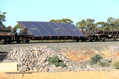 160522 2068
Binduli, 5MP2 steel train, RKVY 8002 wide steel plate tilt waggon, built as part of a batch of five units by Goninan Bassendean WA in 2011, loaded with plates.
Keywords: RKVY-type;RKVY8002;Goninan-WA;