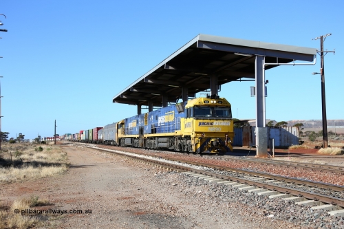 160522 2119
Parkeston, 6MP4 intermodal train stands at the fuel bay on the mainline with a pair of Goninan built GE model Cv40-9i NR class units NR 90 serial 7250-05/97-293 and NR 101 serial 7250-07/97-303.
Keywords: NR-class;NR90;Goninan;GE;Cv40-9i;7250-05/97-293;NR101;7250-07/97-303;