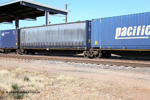 160522 2143
Parkeston, 6MP4 intermodal train, platform 2 of 5 pack RRGY 7123 5 pack articulated skel waggon set, originally built as RRBY by AN Rail at Islington Workshops SA 1996-97, recoded when decks rebuilt longer, 48' deck with a Pacific National 48' curtainsider container PNXM 4543.
Keywords: RRGY-type;RRGY7123;AN-Islington-WS;RRBY-type;
