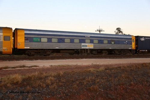 160523 2712
Parkeston, train 1PM5 crew accommodation coach RZEY 2 'ALLAMBI' built by South Australian Railways Islington Workshops in 1972 as a corten steel roomette sleeper Allambi to replace original, coded in 1987 as JRB 1.
Keywords: RZEY-type;RZEY2;SAR-Islington-WS;Allambi;JRB-type;JRB1;