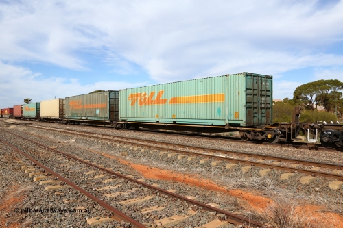 160523 2954
Parkeston, 7SP3 intermodal train, RRYY 34 5-pack articulated low profile skel waggon set, one of fifty two such sets built by Bradken Rail Braemar from a Williams-Worley design, based on the TNT TRAY type for moving automotive carrying containers, three 48' Toll and two 40' boxes.
Keywords: RRYY-type;RRYY34;Williams-Worley;Bradken-NSW;