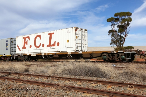 160523 3003
Parkeston, 7SP3 intermodal train, RQGY 34379 63' container waggon, originally built in a batch of one hundred by Goninan NSW between 1974 and 75 as OCY type, recoded to NQOY then NQSY. Loaded with an FCL 40' box FJSV 429129[9].
Keywords: RQGY-type;RQGY34379;Goninan-NSW;OCY-type;