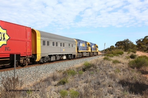 160523 3211
Binduli, Perth bound 7SP3 intermodal train, crew accommodation coach RZAY 940, built by Comeng NSW in 1968 as ARJ 240, a stainless steel, air conditioned, roomette sleeping coach, rebuilt by AN Rail Port Augusta Workshops to RZAY in 1997.
Keywords: RZAY-type;RZAY940;Comeng-NSW;ARJ-type;ARJ240;ARJ940;