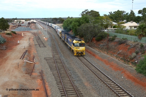 160524 3634
Kalgoorlie, priority service 2PS7 sneaks past the station behind Goninan built GE model Cv40-9i NR class unit NR 113 serial 7250-09/97-312, originally built for National Rail now in current owner Pacific National livery, the former dock remains with the track all but removed.
Keywords: NR-class;NR113;Goninan;GE;Cv40-9i;7250-09/97-312;