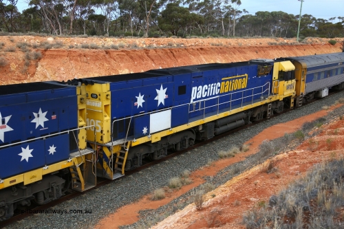 160524 3740
West Kalgoorlie, 2PM6 intermodal train, trailing unit Goninan built GE model Cv40-9i NR class unit NR 105 serial 7250-08/97-310, originally built for National Rail now in current owner Pacific National livery.
Keywords: NR-class;NR105;Goninan;GE;Cv40-9i;7250-08/97-310;