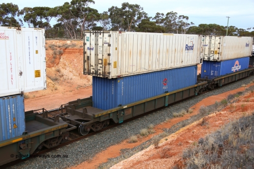 160524 3748
West Kalgoorlie, 2PM6 intermodal train, RRXY 3 platform 3 of 5-pack well waggon set, one of eleven built by Bradken Qld in 2002 for Toll from a Williams-Worley design with a 46' 6