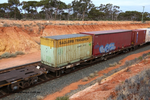 160524 3758
West Kalgoorlie, 2PM6 intermodal train, RRKY 3081 container waggon, built by Carmor Engineering SA 1976 as RMX, then AQMX, AQMY, RQMY. Sadleirs 20' box RCS 2981 and 40' KTL curtainsider KTL 401007.
Keywords: RRKY-type;RRKY3081;Carmor-Engineering-SA;RMX-type;AQMX-type;AQSY-type;RQKY-type;