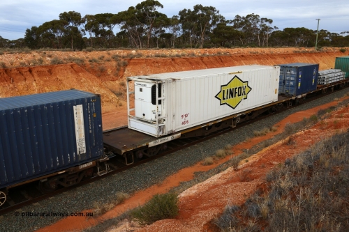 160524 3780
West Kalgoorlie, 2PM6 intermodal train, RRKY 2050 container waggon, built by Comeng in 1969 as RMX, recoded to AQMX, then AQSY and RQKY. Linfox 46' 6