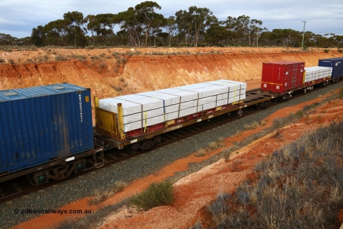 160524 3807
West Kalgoorlie, 2PM6 intermodal train, RQTY 58 originally built by SAR at Islington Workshops between 1970-72 as part of a batch of seventy two FQX type container waggons with a 40' K&S flatrack KHS 4006100 with Wesbeam products.
Keywords: RQTY-type;RQTY58;SAR-Islington-WS;FQX-type;