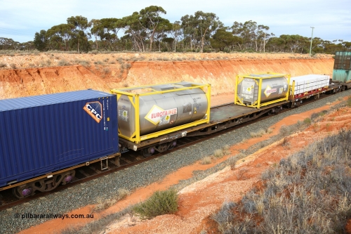 160524 3810
West Kalgoorlie, 2PM6 intermodal train, RRKY 4324 container flat waggon originally built by Perry Engineering SA in 1976 as part of a batch of one hundred and fifty RMX type waggons for the Commonwealth Railways, recoded to AQMX, in 1987 to AQSY, then RQKY. Loaded with two CIMC Tank built 20' ISO 22K2 type tanks for Eurotainer, EURU 191850[0] and 114494[9] both with ammonium nitrate emulsion.
Keywords: RRKY-type;RRKY4324;Perry-Engineering-SA;RMX-type;AQMX-type;AQSY-type;RQKY-type;