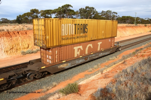 160524 3828
West Kalgoorlie, 2PM6 intermodal train, RRZY type five unit bar coupled well container waggon set RRZY 7028 platform 5, originally built by Goninan in a batch of twenty six as RQZY type for National Rail, recoded when repaired. Loaded with a 48' FCL container FBGU 480327[5] double stacked with Autotrans 53' car container AB 036.
Keywords: RRZY-type;RRZY7028;Goninan-NSW;RQZY7-type;