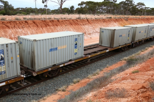 160524 4031
Binduli, Melbourne bound steel train service 3PM4, RQTY 64 container waggon originally built by SAR Islington Workshops between 1970-72 as part of a batch of seventy two FQX type container waggons. Two 20' 22G1 type Pacific National Royal Wolf containers RWLU 815018 and RWLU 814995.
Keywords: RQTY-type;RQTY64;SAR-Islington-WS;FQX-type;