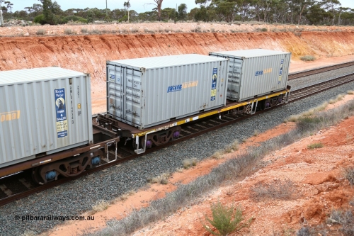 160524 4055
Binduli, Melbourne bound steel train service 3PM4, RKLY 20332 container waggon, originally built by EPT NSW in 1979-81 as an BDY / NODY open waggon before being heavily modified by ANI Engineering in 1998, loaded with two 20' Pacific National Royal Wolf containers RWLU 815037 and 815016. Other codes include NKJY, NOJY, RKJY.
Keywords: RKLY-type;RKLY20332;EPT-NSW;BDY-type;NODY-type;NKJY-type;NOJY-type;RKJY-type;
