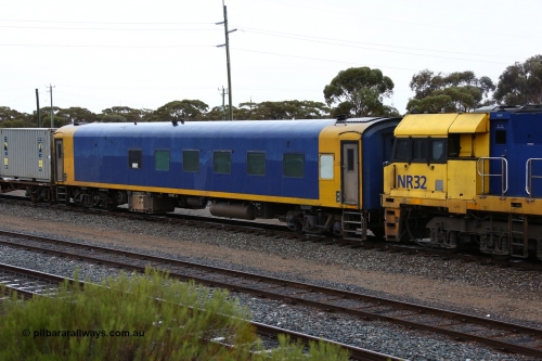 160524 4240
West Kalgoorlie, 1MP2 steel train Pacific National BRS type crew accommodation coach BRS 221, originally built by Victorian Railways Newport Workshops in November 1940 as an AS type first class sitting car for the Spirit of Progress as AS 6, in April 1983 converted to a combined sitting accommodation and a mini refreshment service as BRS type BRS 1, then in September 1985 renumbered to BRS 221. Sold to West Coast Railway mid 1990s, converted to crew car after 2004.
Keywords: BRS-type;BRS221;Victorian-Railways-Newport-WS;AS-type;AS6;BRS-type;BRS1;