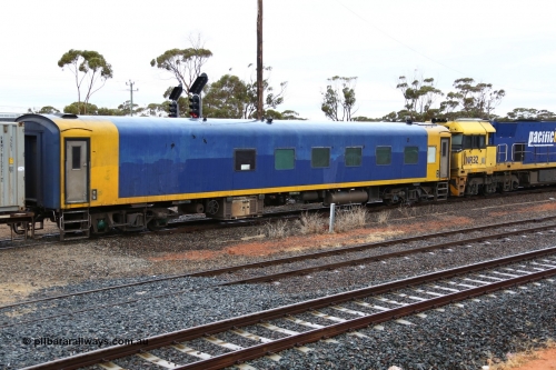 160524 4242
West Kalgoorlie, 1MP2 steel train Pacific National BRS type crew accommodation coach BRS 221, originally built by Victorian Railways Newport Workshops in November 1940 as an AS type first class sitting car for the Spirit of Progress as AS 6, in April 1983 converted to a combined sitting accommodation and a mini refreshment service as BRS type BRS 1, then in September 1985 renumbered to BRS 221. Sold to West Coast Railway mid 1990s, converted to crew car after 2004.
Keywords: BRS-type;BRS221;Victorian-Railways-Newport-WS;AS-type;AS6;BRS-type;BRS1;