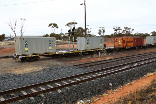 160524 4246
West Kalgoorlie, Perth bound 1MP2 steel train, container waggon RQTY 7 originally built by SAR at Islington Workshops between 1970-72 as part of a batch of seventy two FQX type container waggons with two Royal Wolf 20' 22G1 type boxes RWMC 815905 and RMWC 815951.
Keywords: RQTY-type;RQTY7;SAR-Islington-WS;FQX-type;