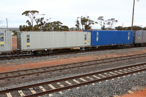 160524 4323
West Kalgoorlie, 1MP2 steel train, RQJW 21951, first of the fourth batch of twenty five built by Mittagong Engineering NSW in 1980/81 as the JCW type 80' container waggon, recoded to NQJW. Loaded with two Royal Wolf 40' boxes, 42G1 type RWTU 431644 and 4EG1 type RWTU 941222.
Keywords: RQJW-type;RQJW21951;Mittagong-Engineering-NSW;JCW-type;NQJW-type;