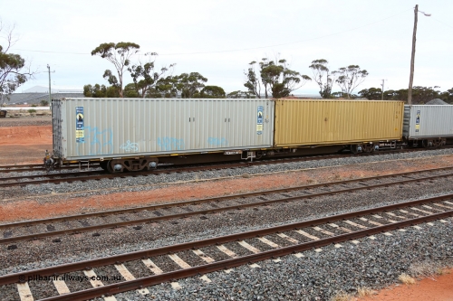 160524 4328
West Kalgoorlie, 1MP2 steel train, RQJW 22042 one of second batch of fifty JCW type 80' container waggons built by Mittagong Engineering NSW in 1975/76. Loaded with two 45G1 type 40' boxes, RWTU 441669 and SUZU 400005.
Keywords: RQJW-type;RQJW22042;Mittagong-Engineering-NSW;JCW-type;NQJW-type;