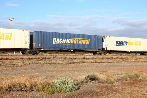 160525 4450
Parkeston, 3PM7 priority service train, RRAY 7244 platform 3 of 5-pack articulated skel waggon set, one of 100 built by ABB Engineering NSW 1996-2000, 48' deck with a Pacific National 48' container PNXL 4306.
Keywords: RRAY-type;RRAY7244;ABB-Engineering-NSW;
