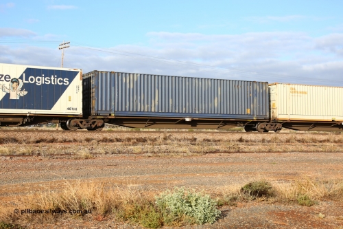 160525 4467
Parkeston, 3PM7 priority service train, RRAY 7190 platform 4 of 5-pack articulated skel waggon set, one of 100 built by ABB Engineering NSW 1996-2000, 48' deck with a plain blue Pacific National 48' box PNXD 4137.
Keywords: RRAY-type;RRAY7190;ABB-Engineering-NSW;