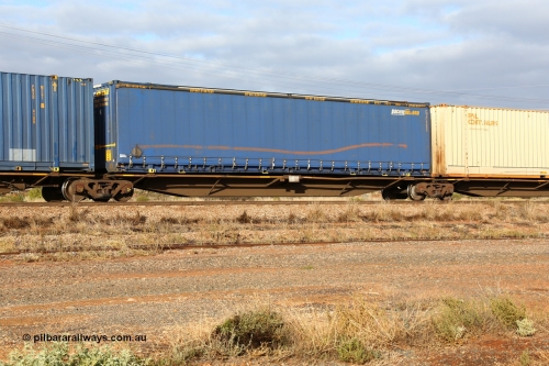 160525 4489
Parkeston, 3PM7 priority service train, RRAY 7203 platform 3 of 5-pack articulated skel waggon set, one of 100 built by ABB Engineering NSW 1996-2000, 48' deck with a Pacific National 48' curtainsider PNXC 5655.
Keywords: RRAY-type;RRAY7203;ABB-Engineering-NSW;
