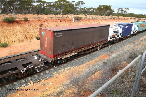 160526 5215
West Kalgoorlie, 4PM6 intermodal train, RQKY 2693 container waggon, built by Perry Engineering SA in 1974 in a batch of seventy four coded RM class, fitted with aligned bogies and recoded to AQMP, with a 40' K+S Freighters curtainsider ISKU 400608 and a 20' Titan tanktainer.
Keywords: RQKY-type;RQKY2693;Perry-Engineering-SA;RM-type;AQMP-type;