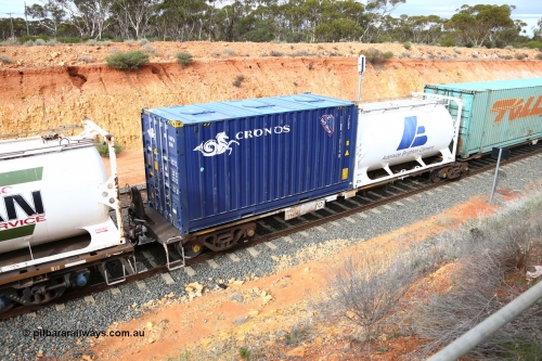160526 5216
West Kalgoorlie, 4PM6 intermodal train, RRAY 7216 platform 5 of 5-pack articulated skel waggon set, one of 100 built by ABB Engineering NSW 1996-2000, 40' deck, with a Cronos 20' bulker box TINB 110756 and a Jamieson built 20' tanktainer for Adelaide Brighton Cement, K8114.
Keywords: RRAY-type;RRAY7216;ABB-Engineering-NSW;