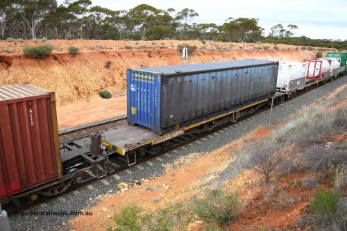160526 5239
West Kalgoorlie, 4PM6 intermodal train, RRKY 4201 container waggon, one of fifty built by Carmor Engineering SA in 1976 as RMX class, to AQMY then AQSY, RQKY, with a Pacific National 48' curtainsider PNXC 4475.
Keywords: RRKY-type;RRKY4201;Carmor-Engineering-SA;RMX-type;