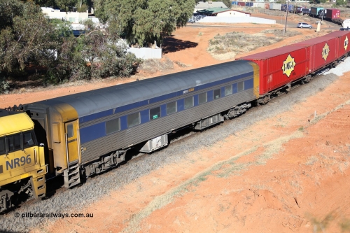 160527 5516
Kalgoorlie, 5PS6 intermodal train, crew accommodation coach RZEY 3, built by South Australian Railways Islington Workshops in 1956 as Tolkini for The Overland, renamed to Malkari in 1957 then coded JTA 3 in 1987, converted to crew coach in 2007 by Bluebird Rail Operations.
Keywords: RZEY-type;RZEY3;SAR-Islington-WS;JTA-type;JTA3;Tolkini;Malkari;