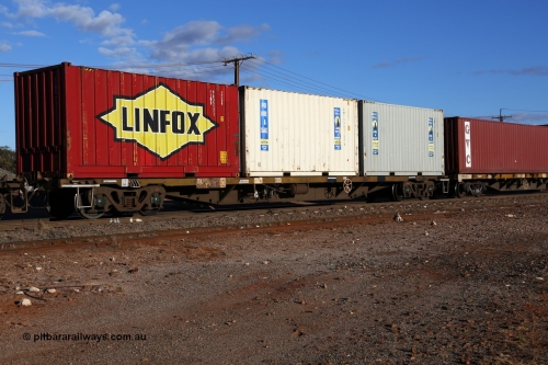 160528 8338
Parkeston, 5SP5 intermodal train, RQSY type 60' container waggon RQSY 35009, built in a batch of one hundred as OCY type container waggons by Goninan NSW in 1975. Recoded to NQOY, then to National Rail in 1994. Loaded with three 20' containers, Royal Wolf 25G1 types RWPU 202565[2] and RWTU 963150[6] and Linfox 20' 2EG9 type FSWB 963517. May 28, 2016.
Keywords: RQSY-type;RQSY35009;Goninan-NSW;OCY-type;
