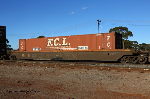 160528 8341
Parkeston, 5SP5 intermodal train, RRZY 7031 platform 2, originally built by Goninan NSW during 1995/95 as part of thirty four sets of five unit bar coupled well container waggons coded RQZY, recoded to RRZY as repairs were carried out to strengthen them. With FCL commemorative 48' container FBGU 480031[6] which was the first official double-stacked container from Parkes to Perth back on May 22, 1997. It is now relegated to top loading only or single stacked.
Keywords: RRZY-type;RRZY7031;Goninan-NSW;RQZY-type;