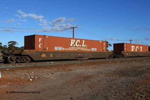 160528 8342
Parkeston, 5SP5 intermodal train, RRZY 7031 platform 2, originally built by Goninan NSW during 1995/95 as part of thirty four sets of five unit bar coupled well container waggons coded RQZY, recoded to RRZY as repairs were carried out to strengthen them. With FCL commemorative 48' container FBGU 480031[6] which was the first official double-stacked container from Parkes to Perth back on May 22, 1997. It is now relegated to top loading only or single stacked.
Keywords: RRZY-type;RRZY7031;Goninan-NSW;RQZY-type;